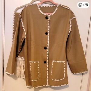 Chic Tan Cardigan with Scalloped Trim